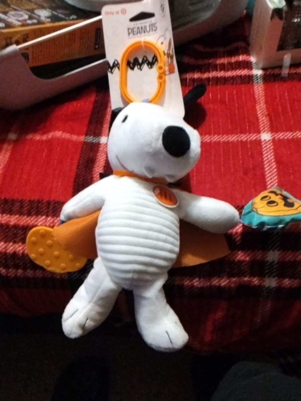 Peanuts White Snoopy Plush with Orange Cape and Teether Clip